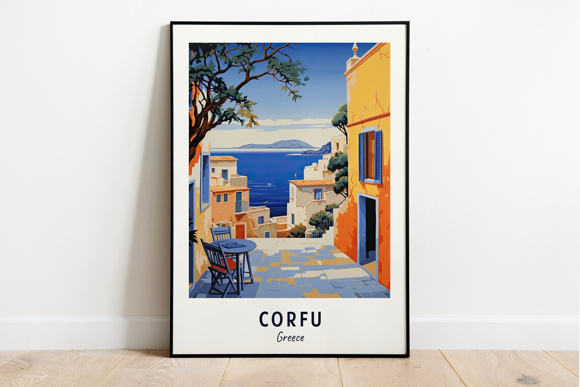 Corfu Greece Terrace Cafe Table Sea Overlook Village Travel Poster