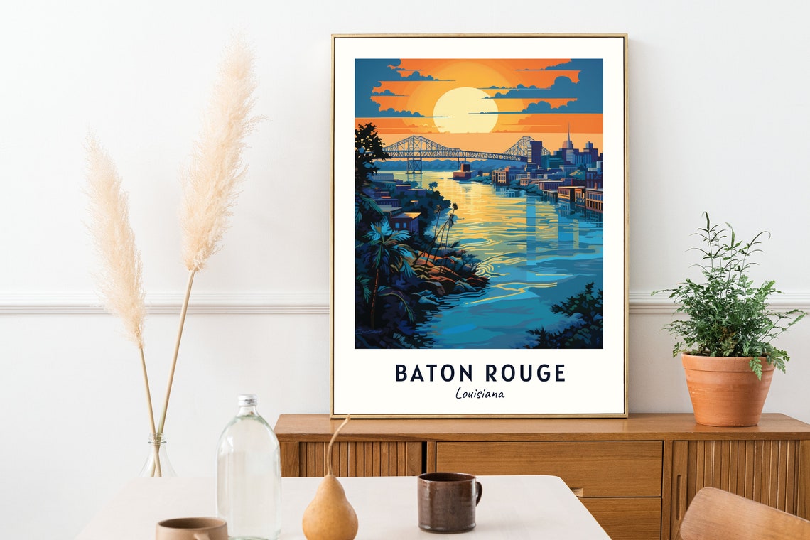 Baton Rouge Louisiana Sunset River Bridge Skyline Travel Poster - Image 2