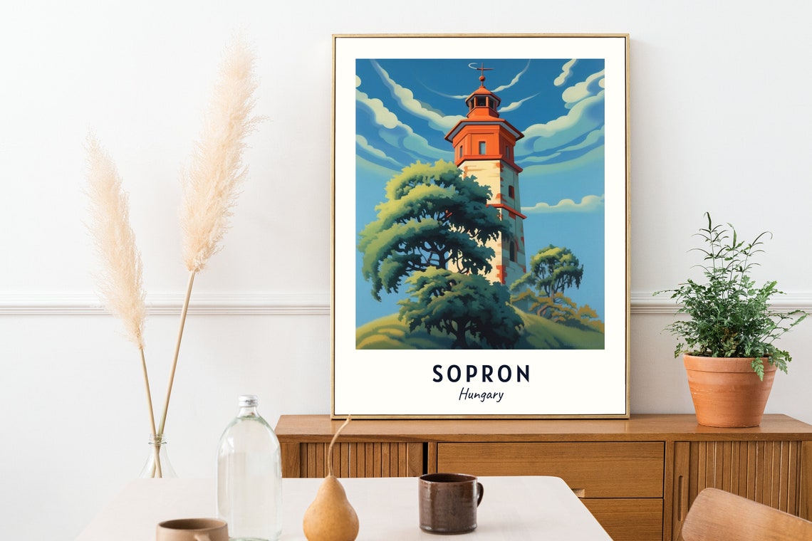 Sopron Hungary Fire Tower Hill Illustrated Landmark Travel Poster - Image 2