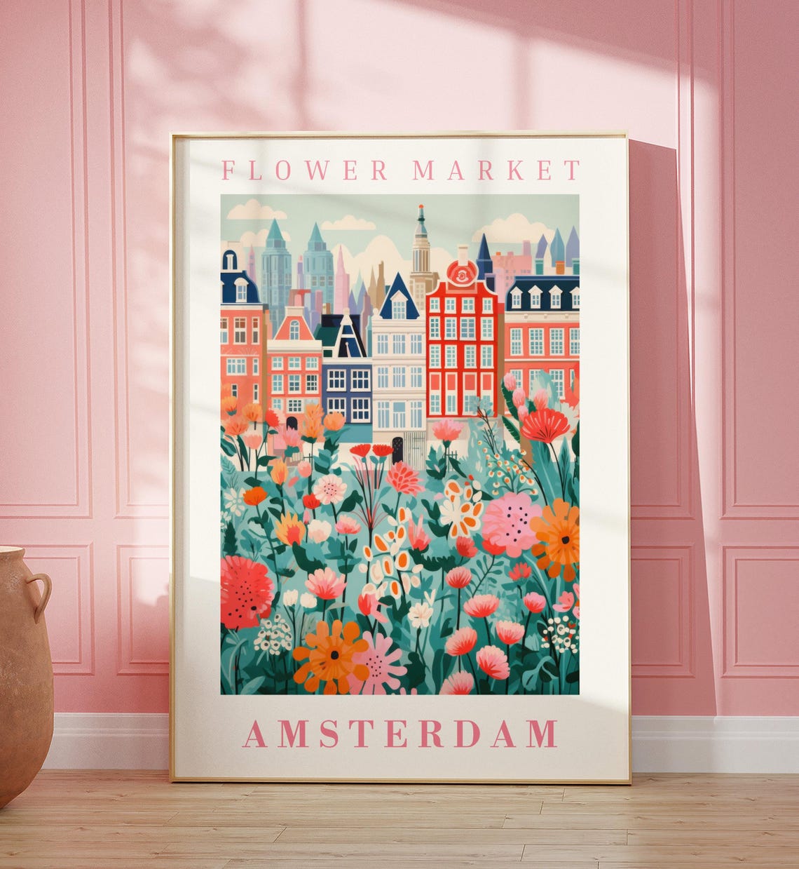 Amsterdam Flower Market Poster with Canal Houses in Teal Floral Meadow