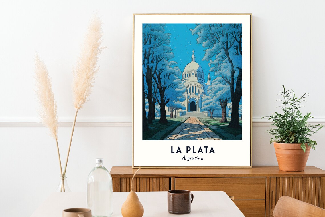 La Plata Argentina Cathedral Domes Tree Lined Avenue Blue Travel Poster - Image 2