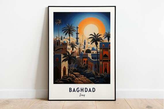 Baghdad Old City Minaret Sunset Palms Skyline Iraq Travel Poster