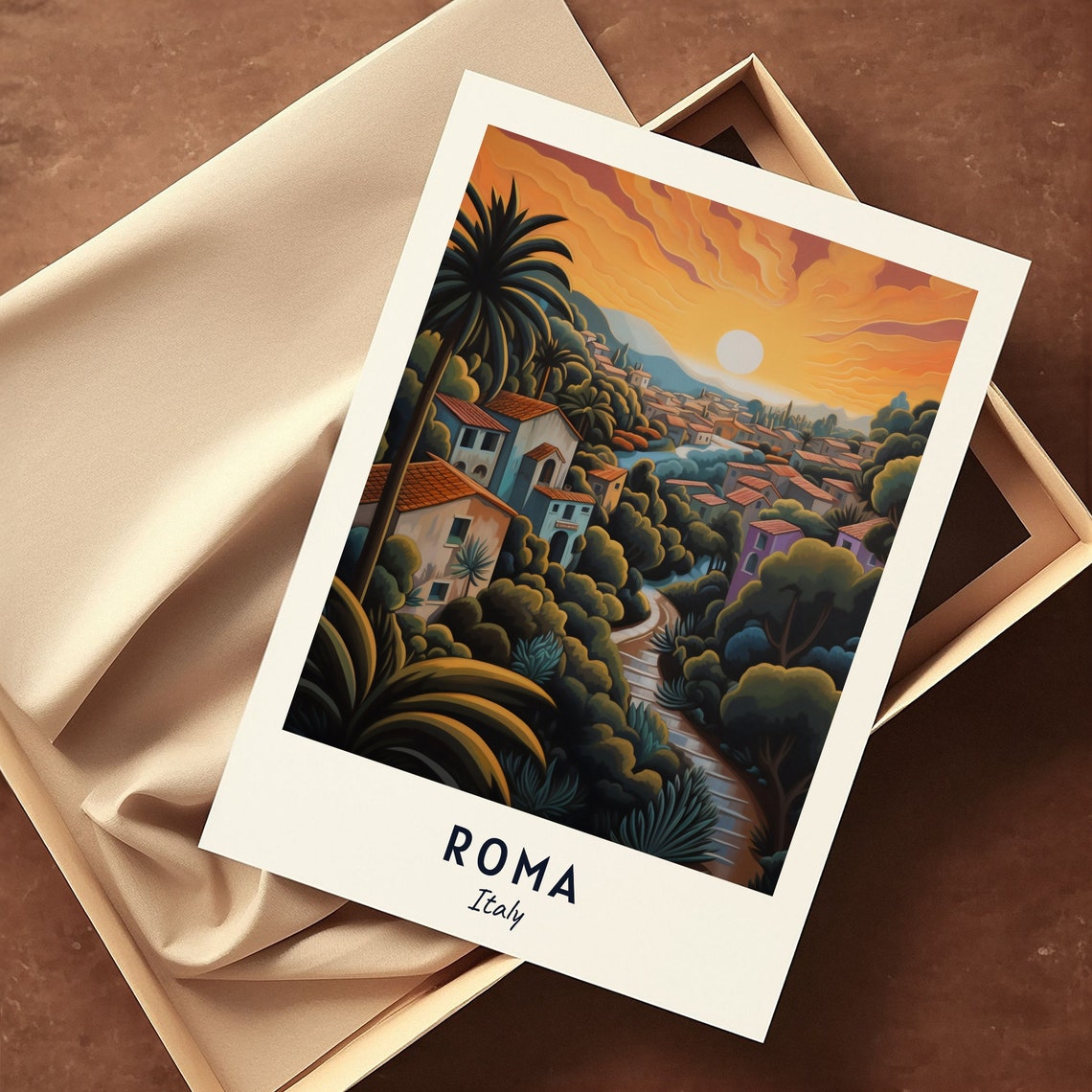 Roma Hillside Villas Palm Trees Golden Amber Sunset Travel Poster - Image 3