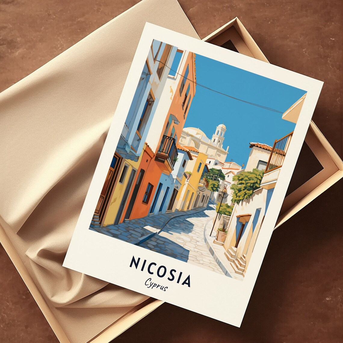 Nicosia Cobbled Old Street Colorful Houses Cyprus Travel Poster - Image 3