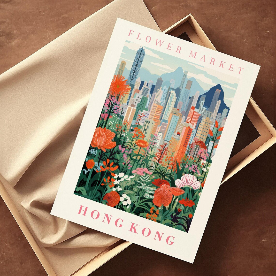 Hong Kong Flower Market Poster with Mountain Skyline Wildflower Art - Image 2