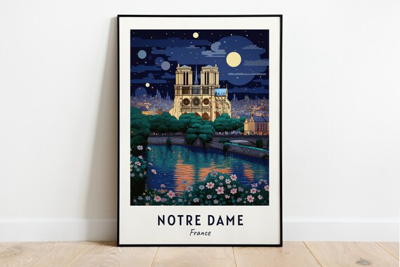 Notre Dame France Cathedral Moonlit Night Seine River Poster