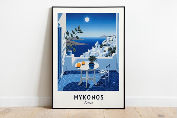 Mykonos Moonlit Balcony Terrace Over the Aegean Travel Poster