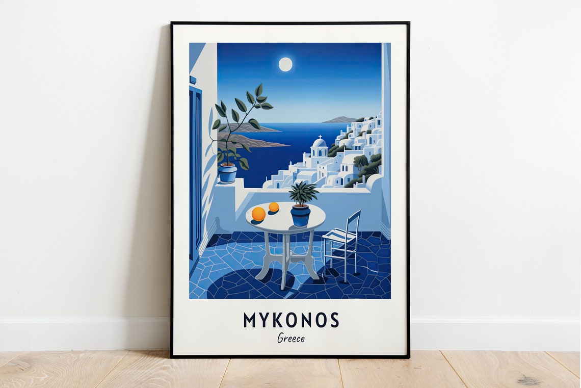 Mykonos Moonlit Balcony Terrace Over the Aegean Travel Poster