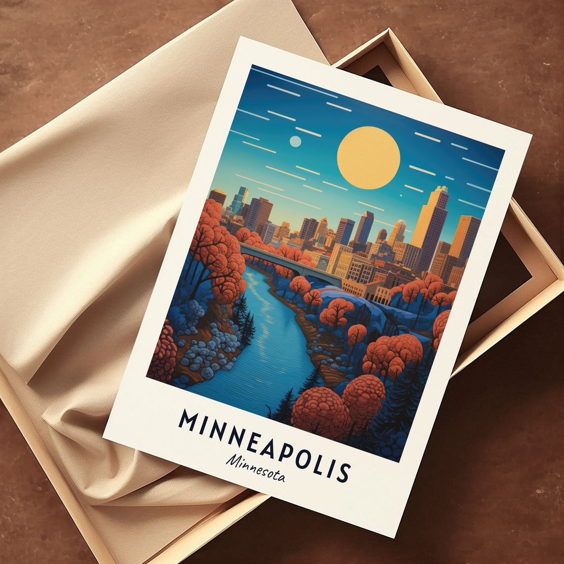 Minneapolis Minnesota Autumn Sunset River Golden Skyline Poster - Image 3