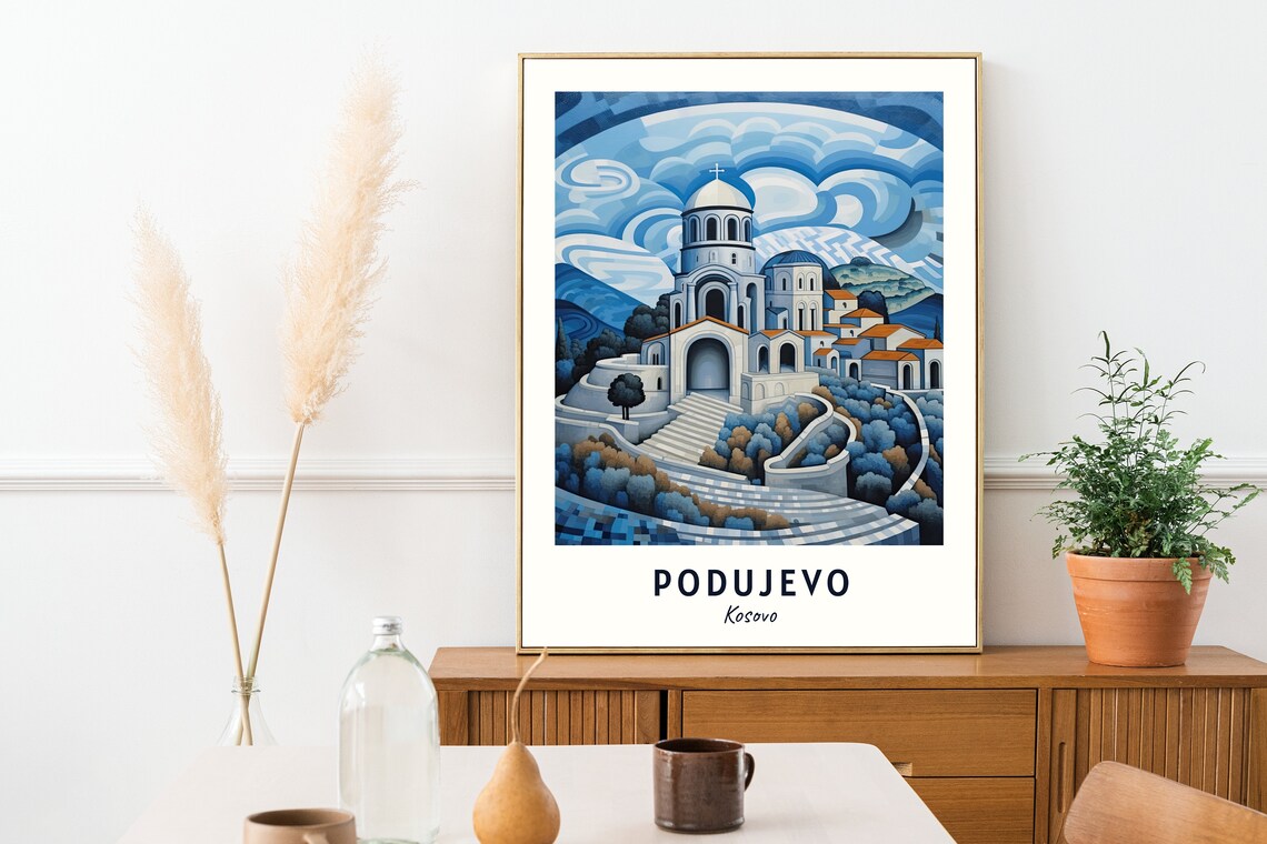 Podujevo Kosovo Hilltop Church Under Swirling Blue Sky Poster - Image 2