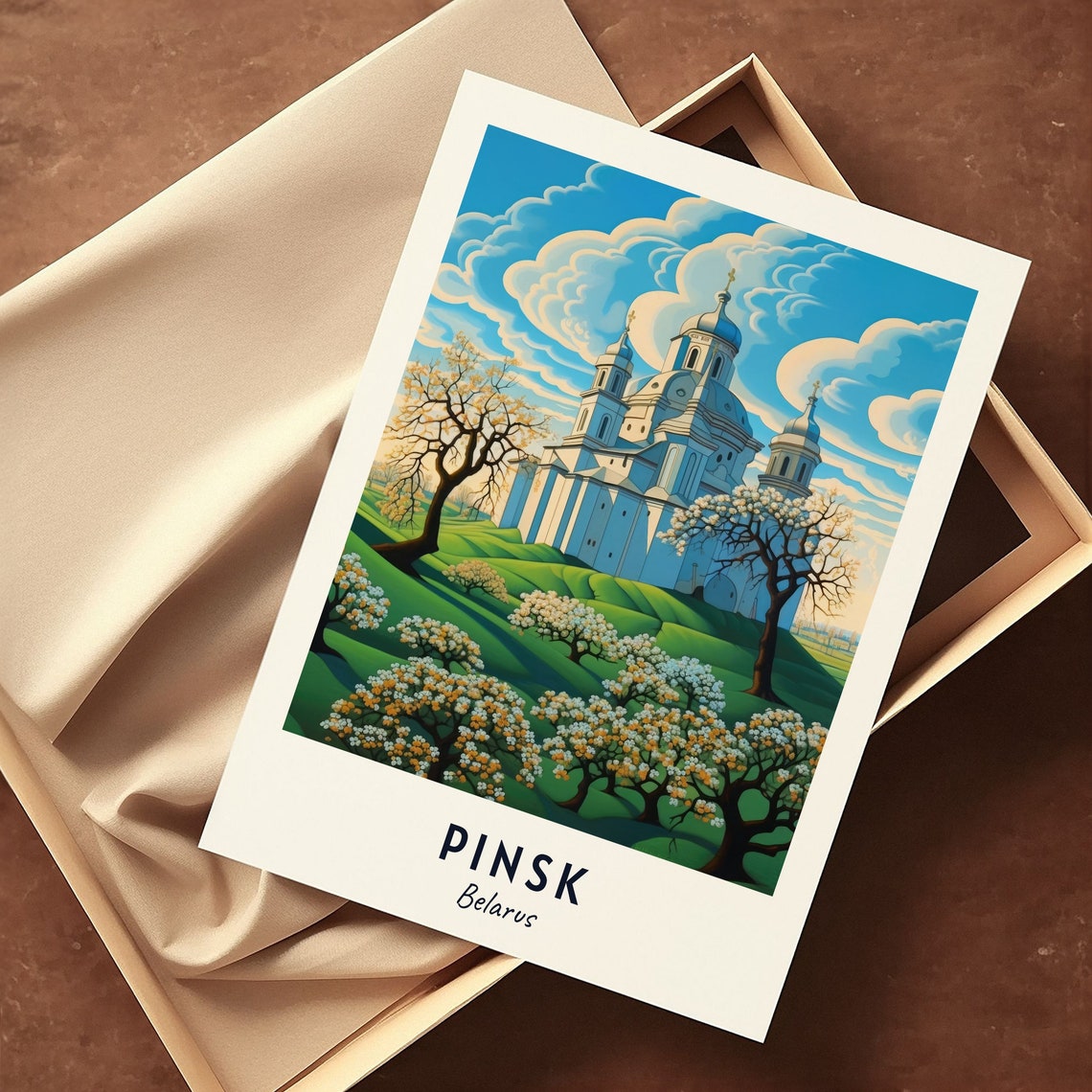 Pinsk Belarus White Domed Cathedral Above Blossoming Trees Poster - Image 3
