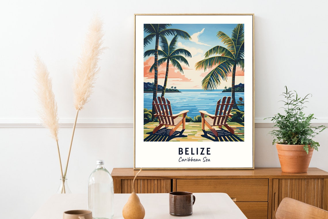 Belize Caribbean Sea Sunset Beach Chairs Palms Travel Poster - Image 2
