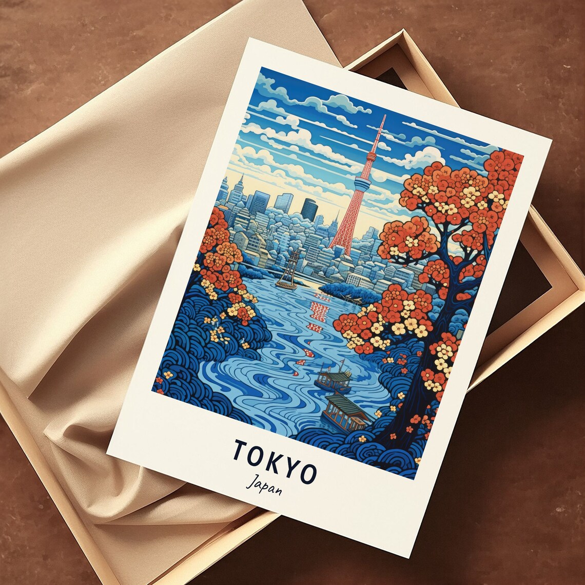 Tokyo Japan Skytree Tower With Autumn Trees Woodblock Style Travel Poster - Image 3