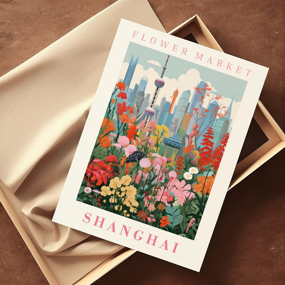 Shanghai Flower Market Pearl Tower Red Blossom Travel Poster - Image 2