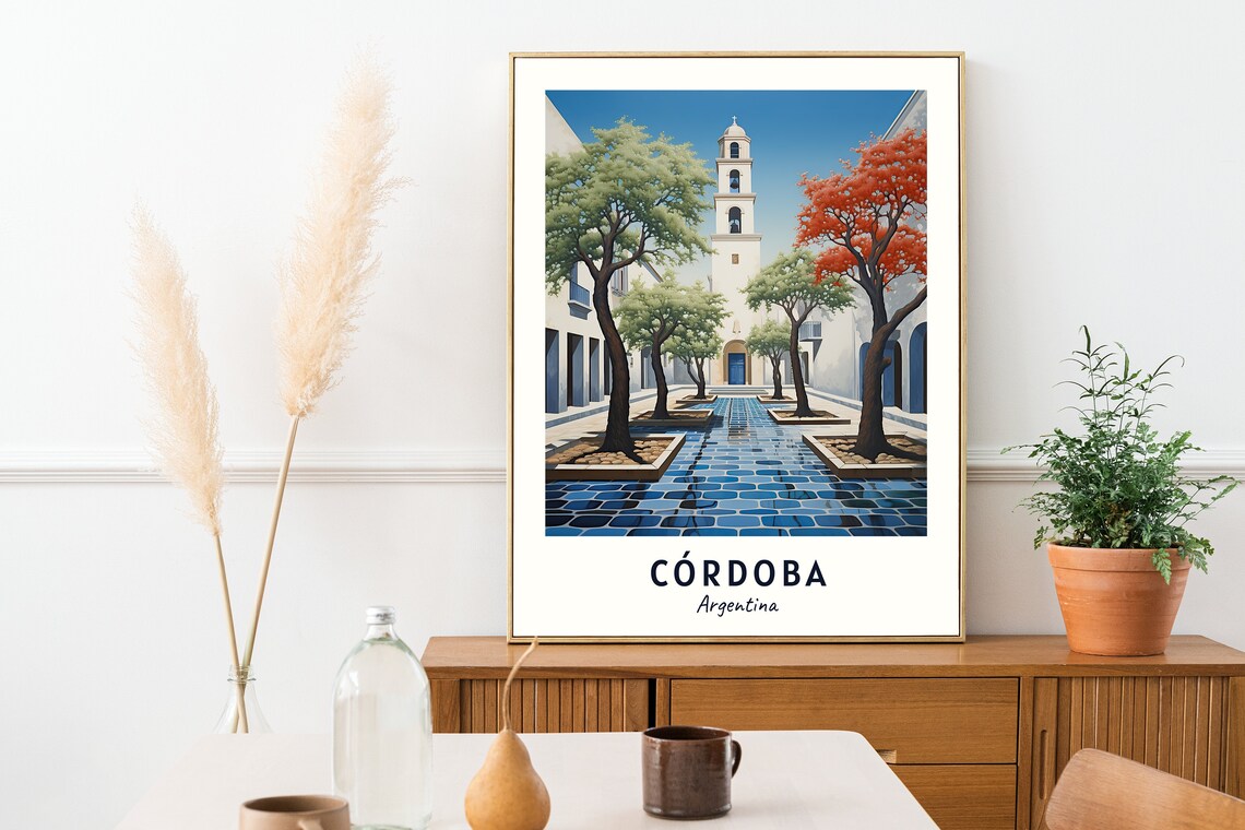 Cordoba Argentina Church Tower Courtyard Plaza Travel Poster - Image 2