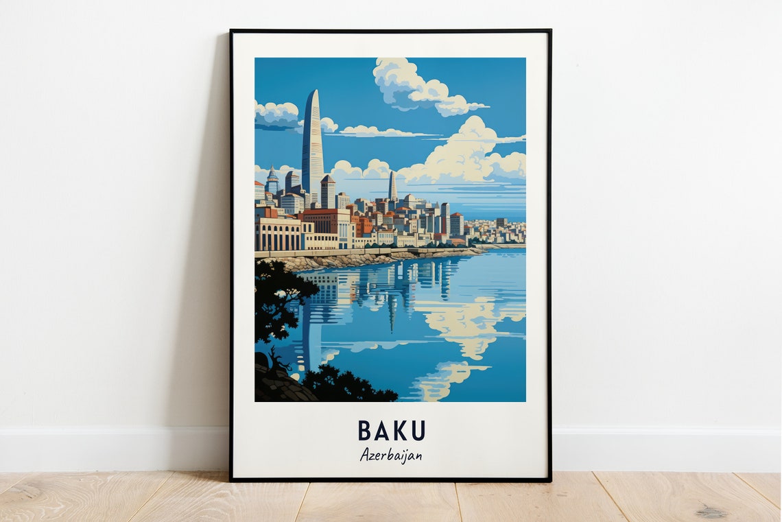 Baku Azerbaijan Modern Waterfront Skyline Minimalist Travel Poster