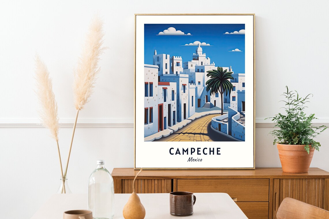 Campeche Mexico Colonial White Buildings Cobblestone Street Travel Poster - Image 2
