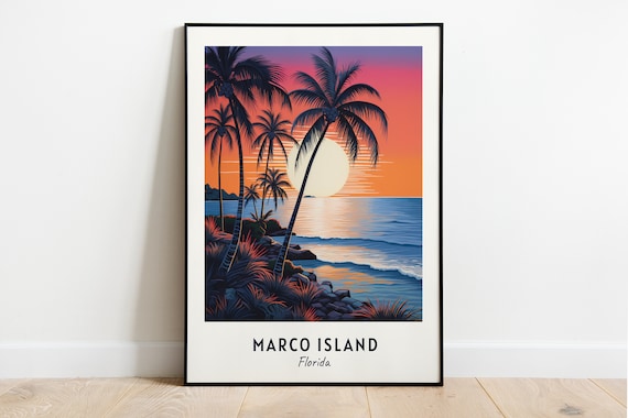 Marco Island Florida Sunset Over Palm Trees Ocean Travel Poster