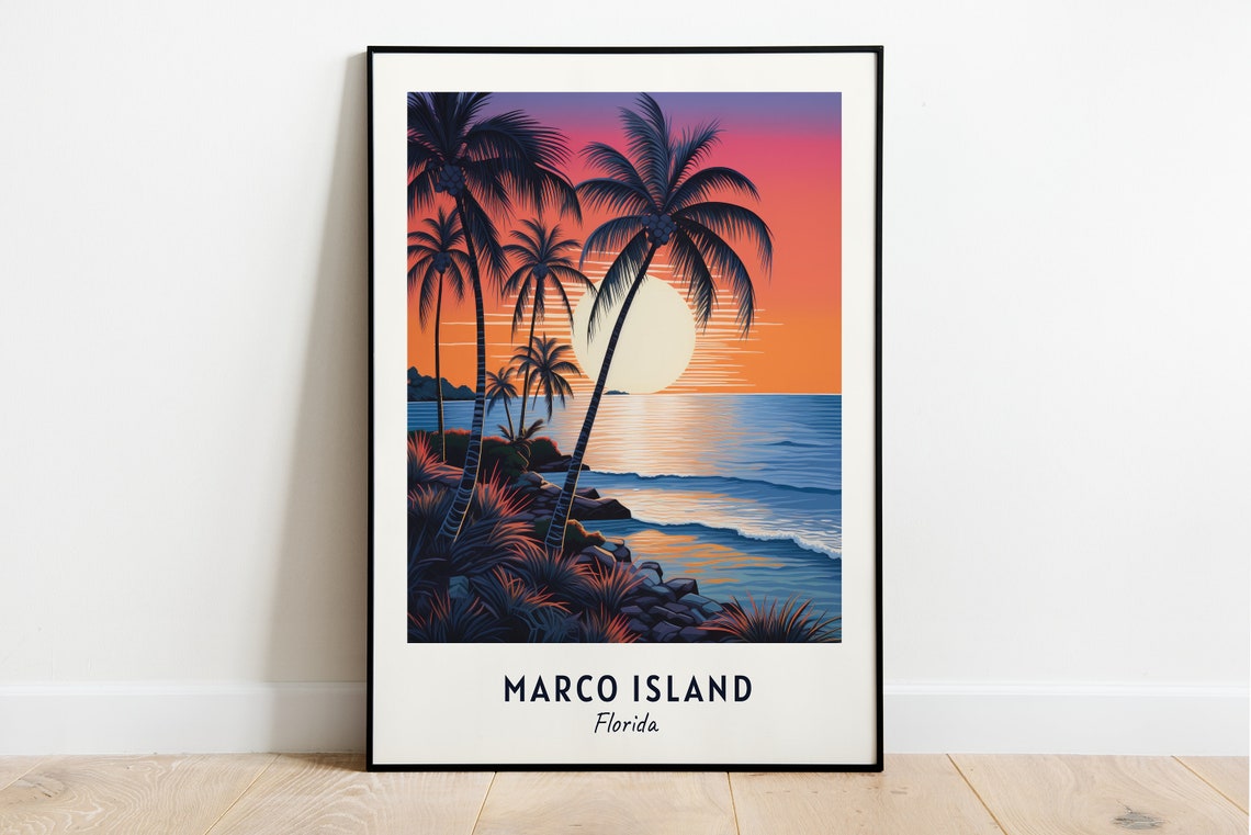 Marco Island Florida Sunset Over Palm Trees Ocean Travel Poster
