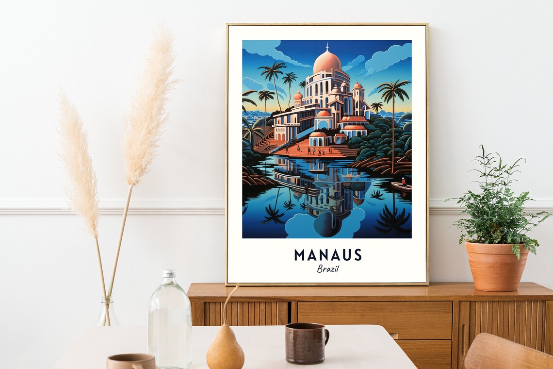 Manaus Brazil Domed Theatre Building Reflected In The Water Travel Poster - Image 2