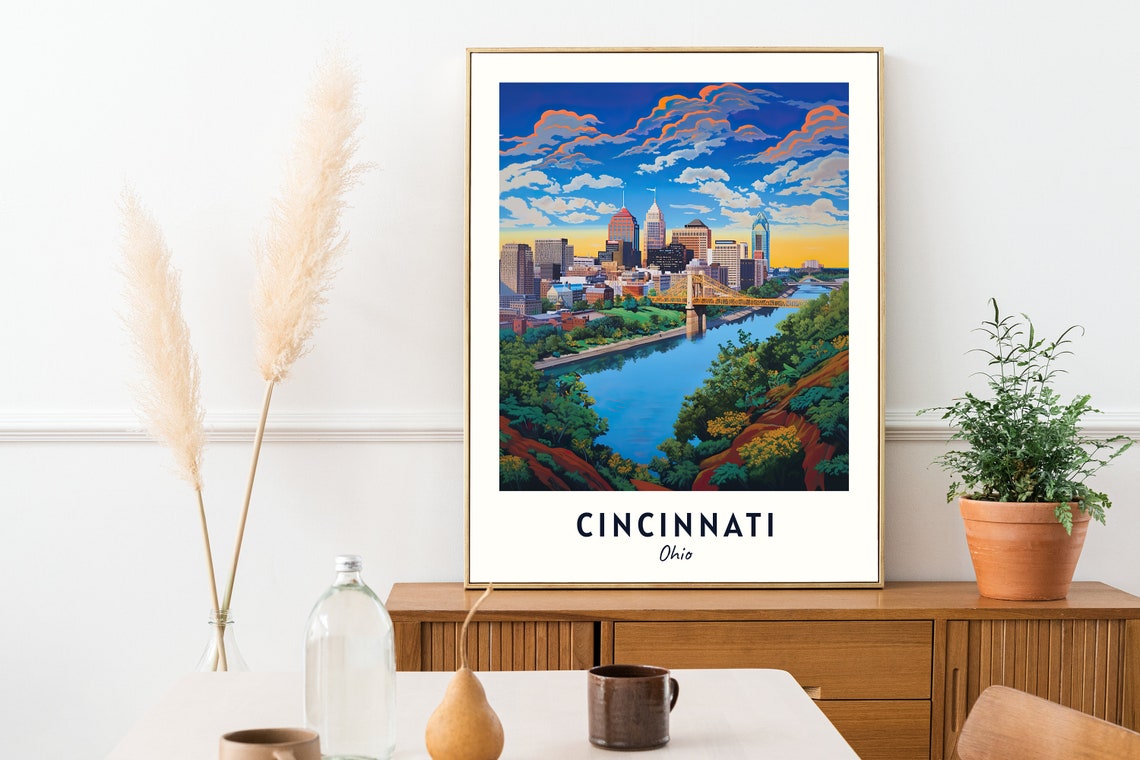Cincinnati Skyline and Bridge Over the River at Sunset Ohio Poster - Image 2