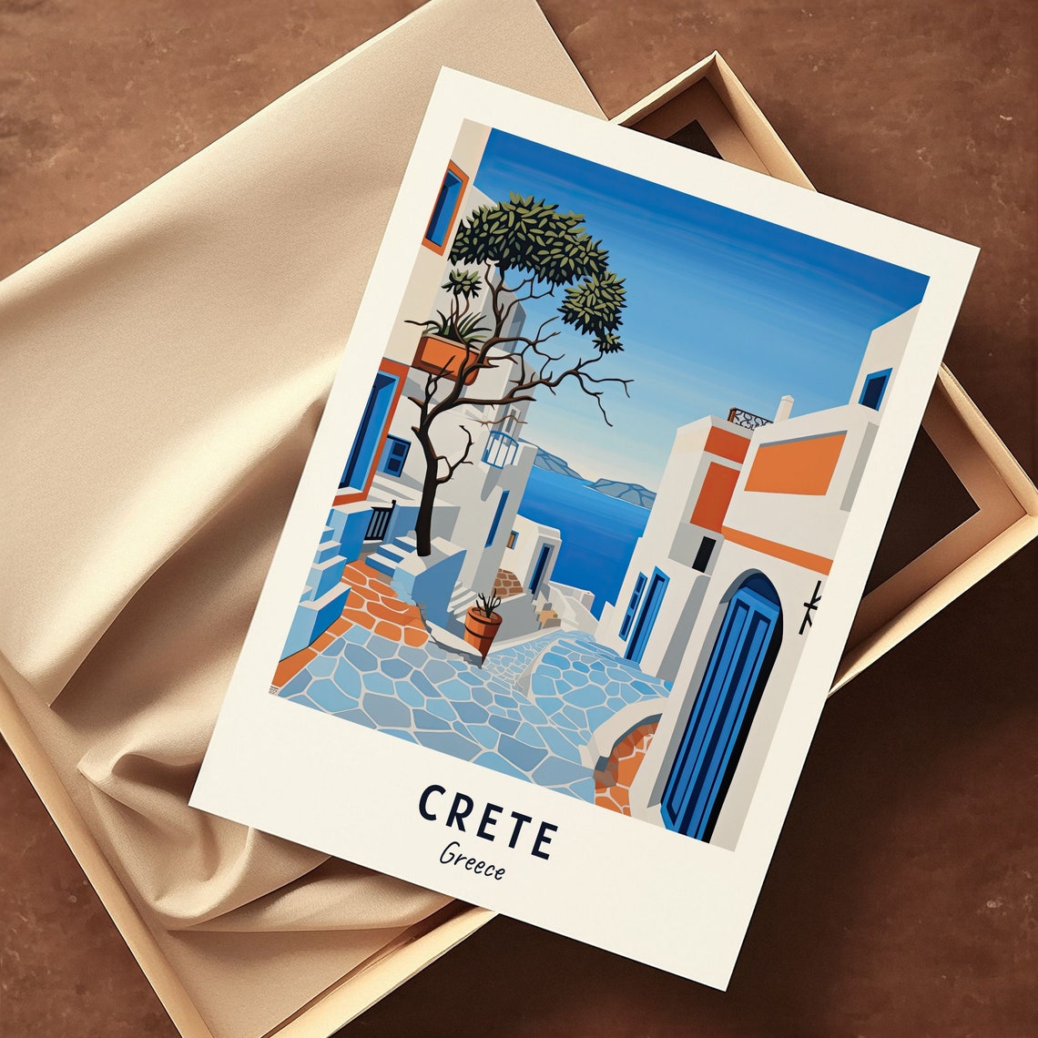 Crete Greece Whitewashed Alley Blue Doors Seaside Steps Travel Poster - Image 3