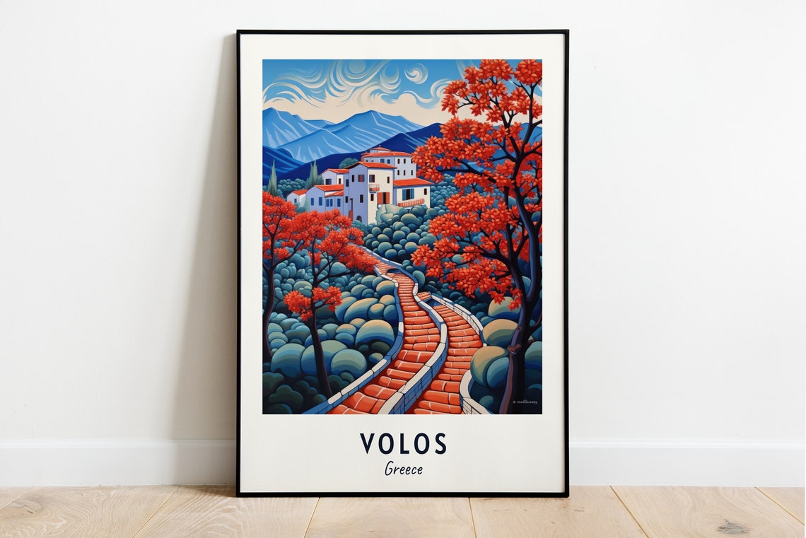 Volos Red Autumn Trees Above a White Village in Greece Poster