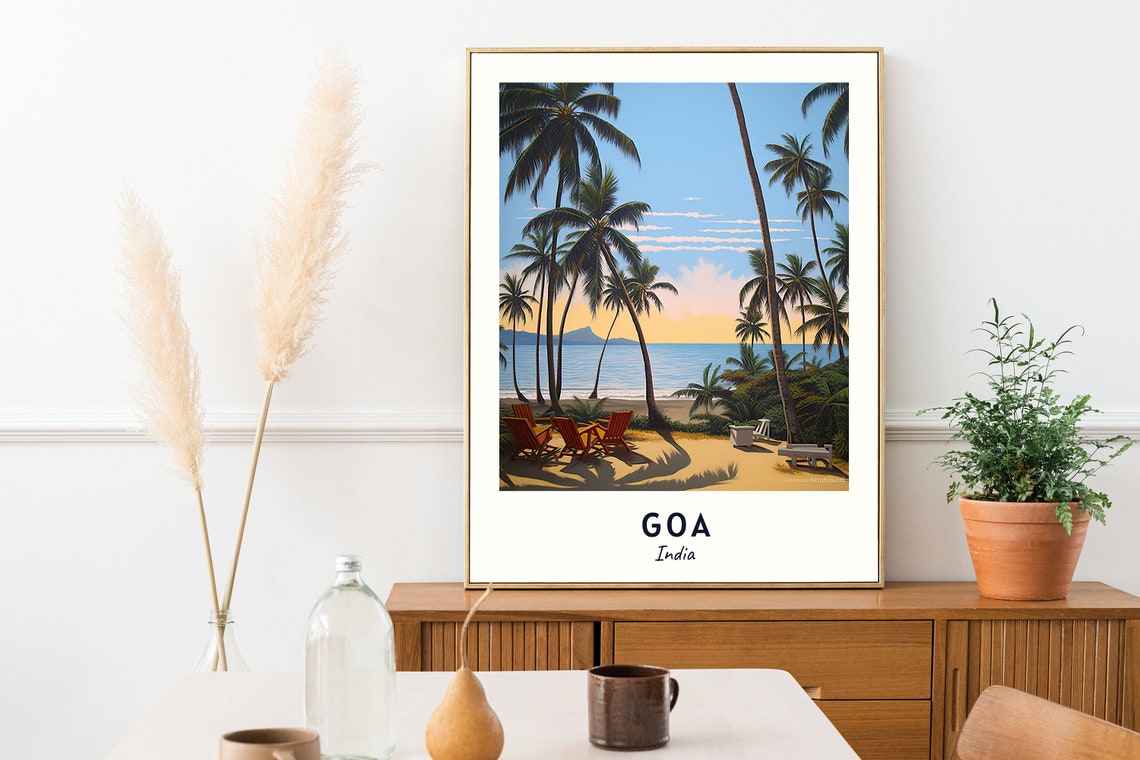 Goa India Palm Beach Sunset Lounge Chairs Tropical Travel Poster - Image 2