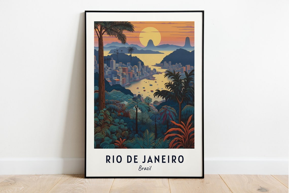 Rio de Janeiro Brazil Jungle Bay Islands Sunset Palms Travel Poster