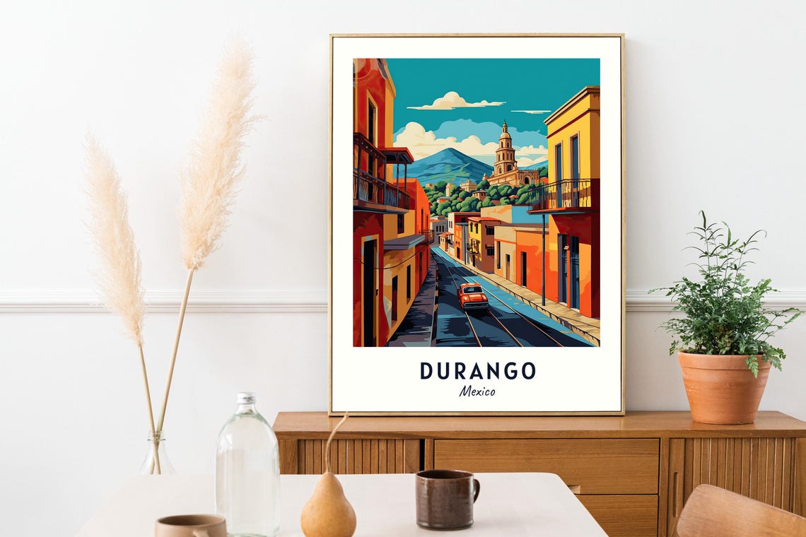 Durango Mexico Colonial Street Church Dome Vintage Car Poster - Image 2