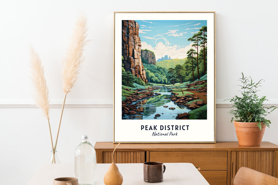 Peak District National Park Rocky Crag River Pines Scene Poster - Image 2