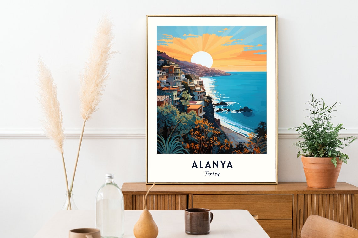 Alanya Turkey Cliffside Old Town Sunset Seascape Travel Poster - Image 2
