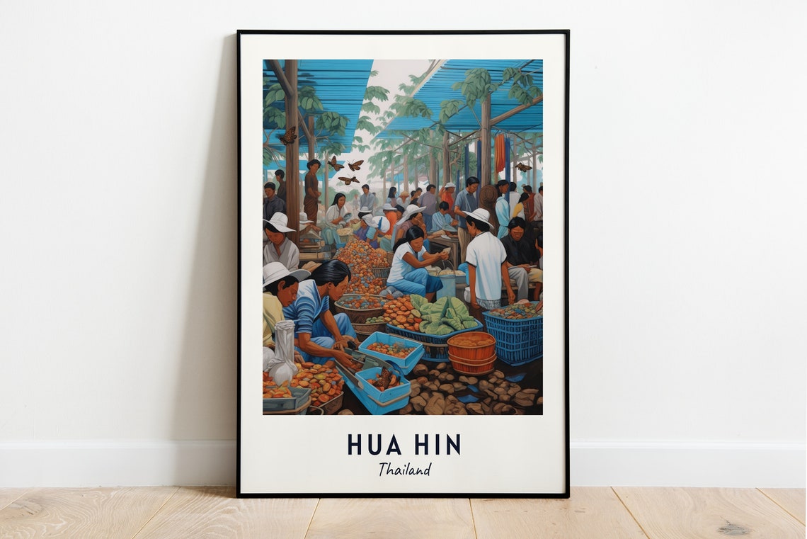 Hua Hin Thailand Bustling Market Scene Travel Poster Artwork