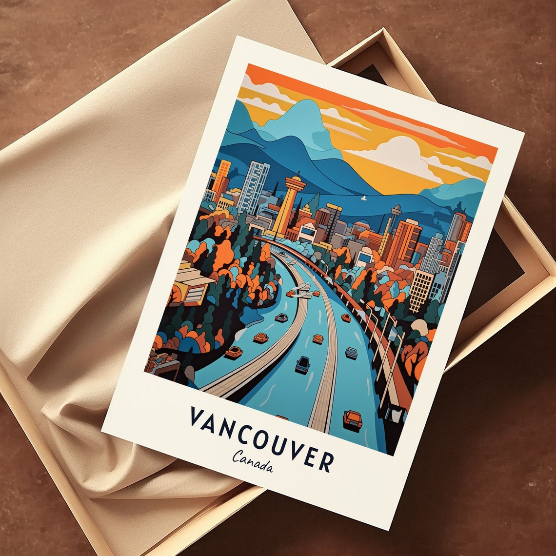 Vancouver Canada City Skyline Highway Sunset Mountains Travel Poster - Image 3