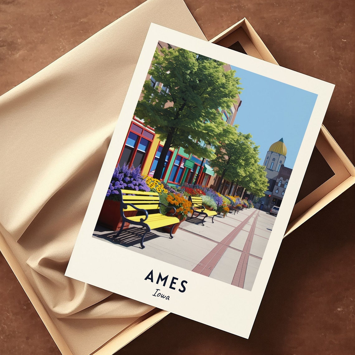 Ames Iowa Charming Flower Lined Main Street Downtown Bench Poster - Image 3