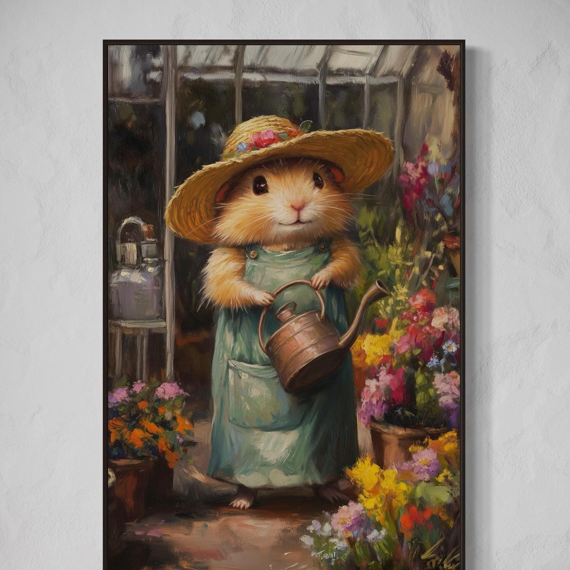 Cute Hamster Gardener in Straw Hat Holding Copper Watering Can Poster