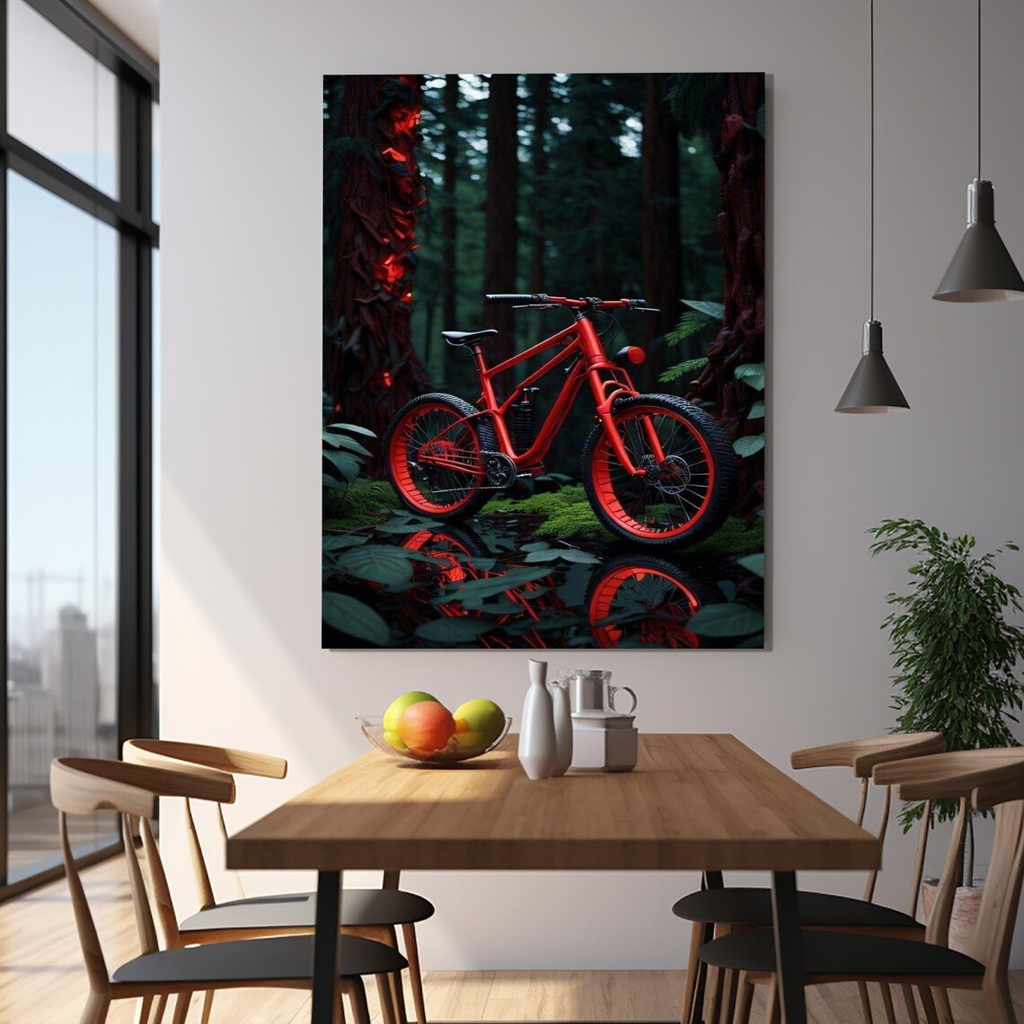 Red Bicycle Forest Trail Reflection Dark Woodland Cycling Poster - Image 2
