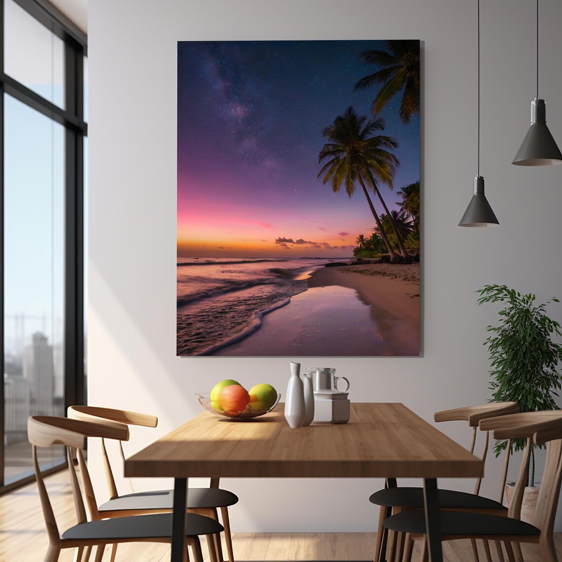 Tropical Beach Sunset Palms Starry Night Sky Ocean Travel Poster