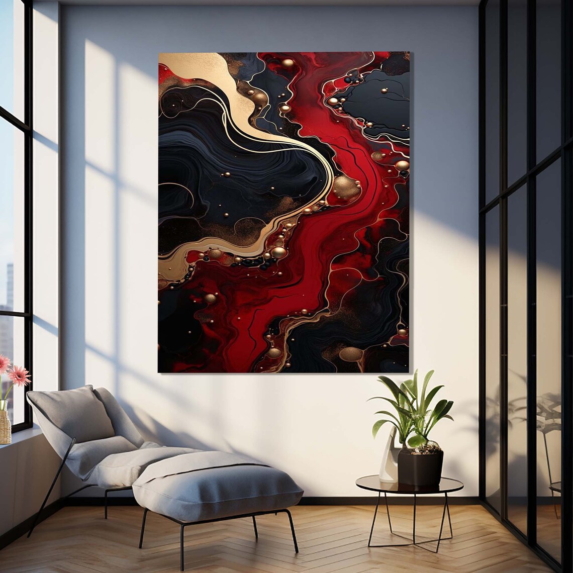 Red Black Gold Marble Abstract Fluid Ink Luxury Wall Art Poster