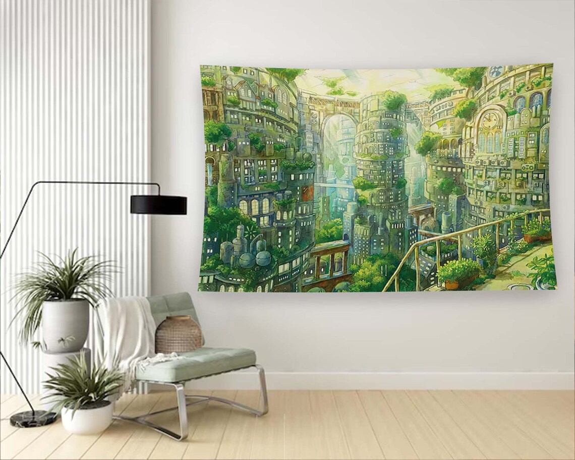 Lush Green Fantasy City Anime Overgrown Buildings Tapestry Wall Art