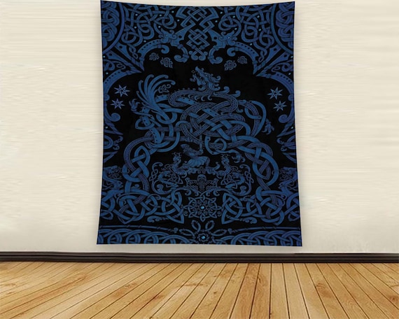 Viking Dragon Celtic Knotwork Blue Tribal Tapestry Wall Art Decor