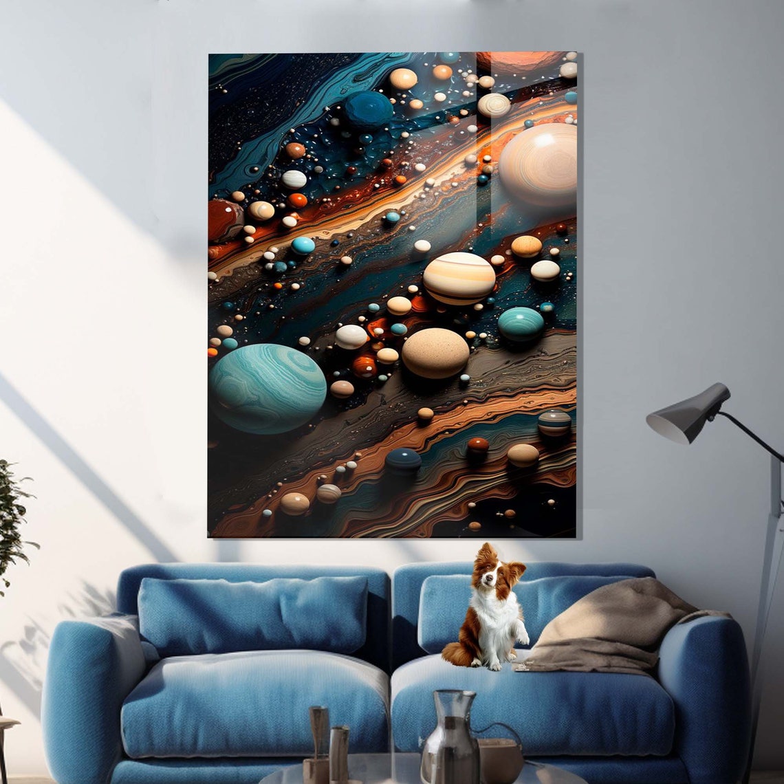 Cosmic Galaxy Planets Over Marble Nebula Glass Gallery Poster