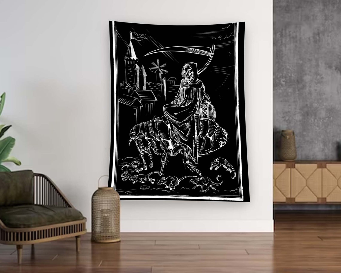 Black White Medieval Death Scythe Woodcut Horror Tapestry Wall Art - Image 2