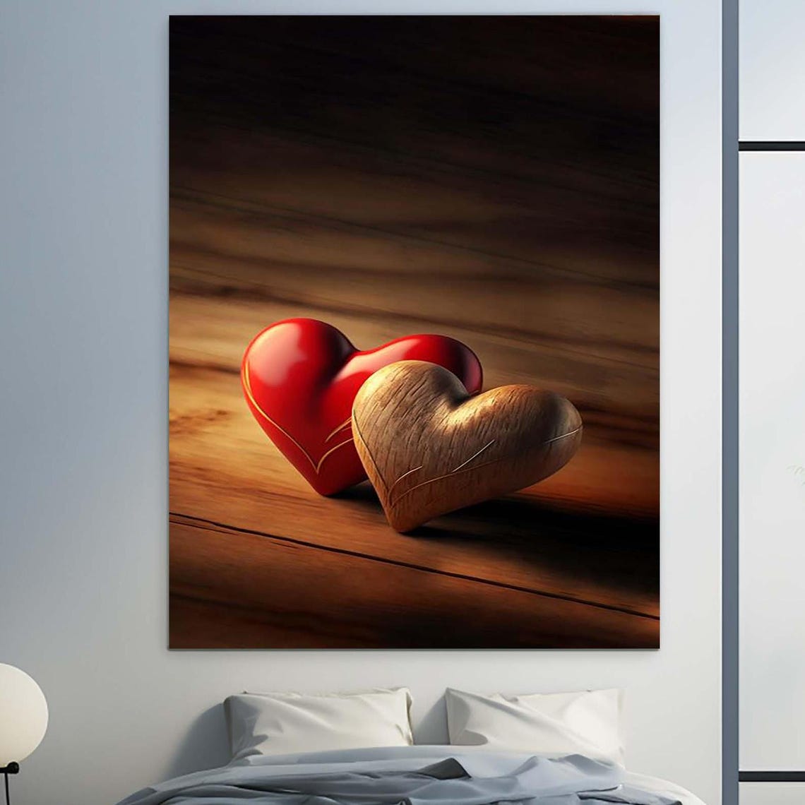 Two Hearts Wood And Red Rustic Love Valentine Bedroom Wall Art