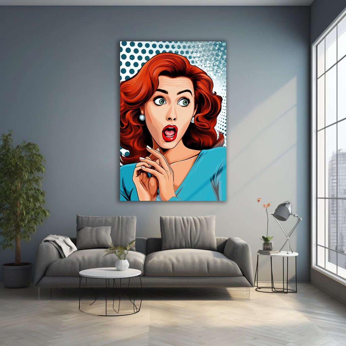 Pop Art Amazed Redhead Woman Teal Dots Comic Retro Portrait Poster