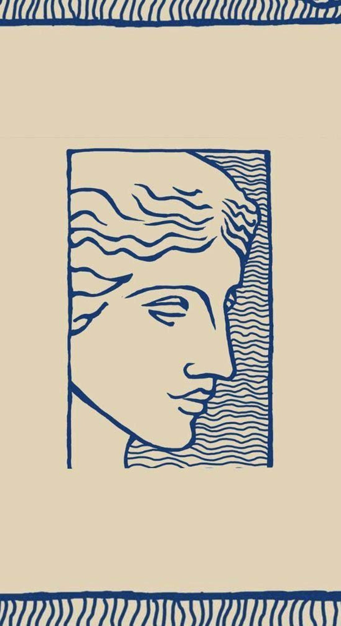 Greek Woman Profile Blue Line Art Classical Sculpture Cream Wall Art - Image 3