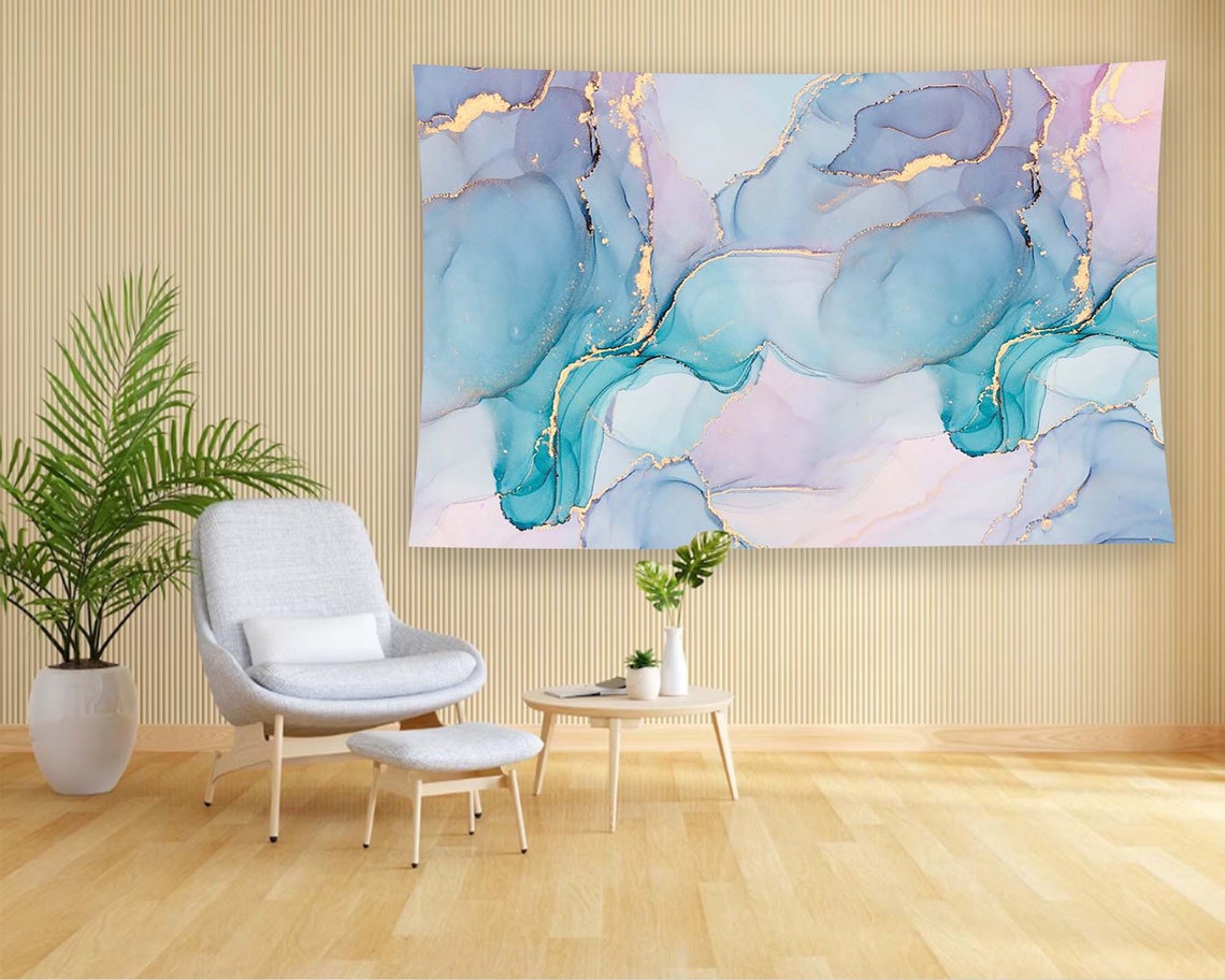 Pastel Blue Pink Marble Gold Veins Abstract Ink Modern Luxury Wall Art - Image 2