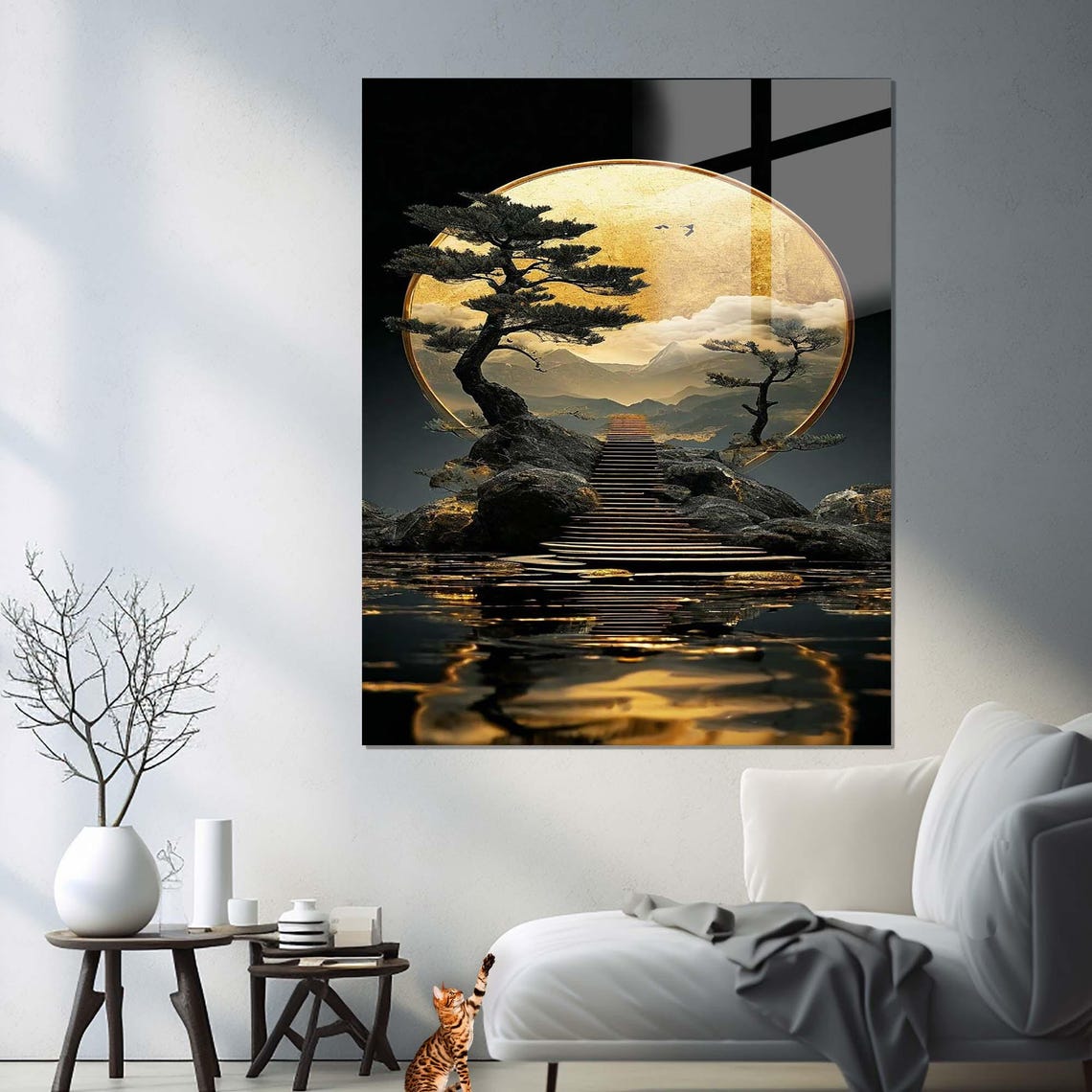 Golden Full Moon Behind Pine Trees On Rocky Island Staircase Wall Art - Image 3