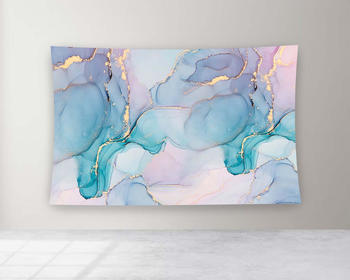 Pastel Blue Pink Marble Gold Veins Abstract Ink Modern Luxury Wall Art