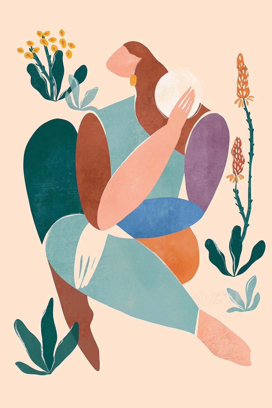 Abstract Seated Woman Floral Botanical Illustration Tapestry Wall Art - Image 3